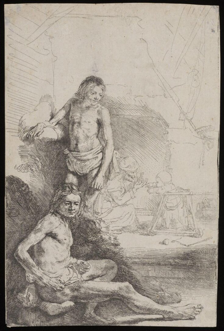 Nude Man Seated And Another Standing With A Woman And A Baby Lightly