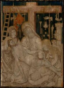 Triptych with The Lamentation, with St John the Evangelist and St Mary Magdalene, and the emblems of the Passion; (Left shutter): St. James, St. Sebastian and Saint Blaise; (Right shutter): St. John the Baptist, St. Peter and St. Paul thumbnail 1
