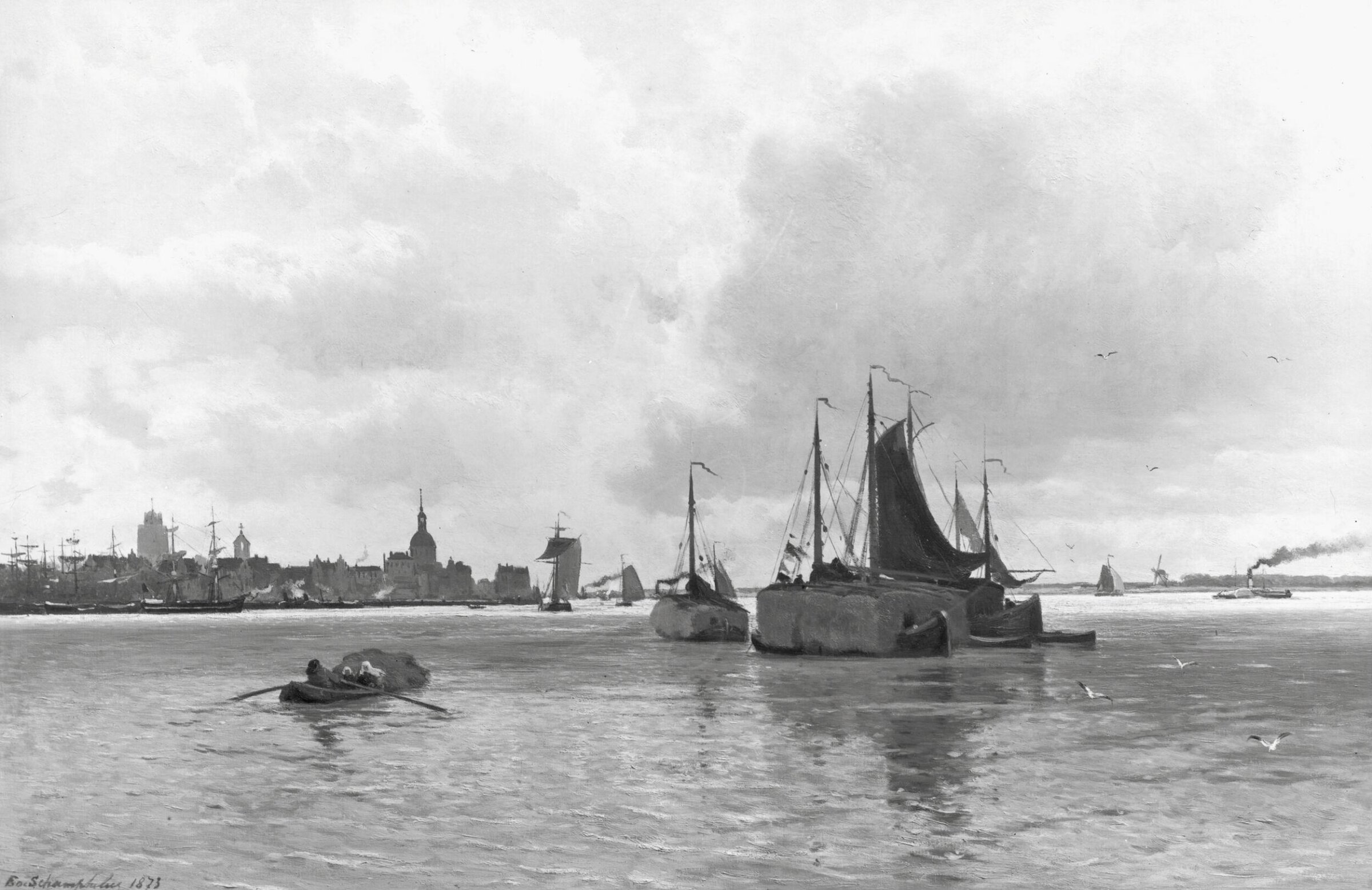 Dordrecht, with shipping on the Meuse, Edmond de Schampheleer, 1873