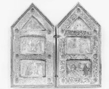 The Mocking of Christ, The Scourging, The Deposition, The Entombment, The Ascension, Pentecost (diptych with miniatures behind crystal) thumbnail 1