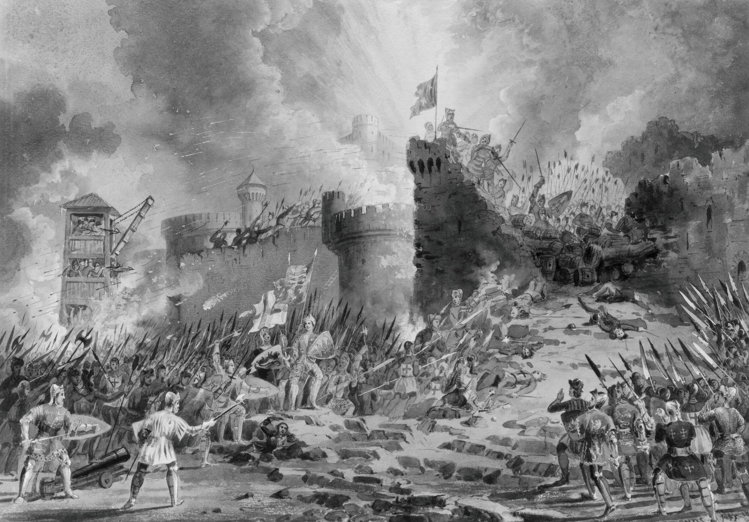 drawing of scenery and props in Henry V, F. Lloyds, 1859