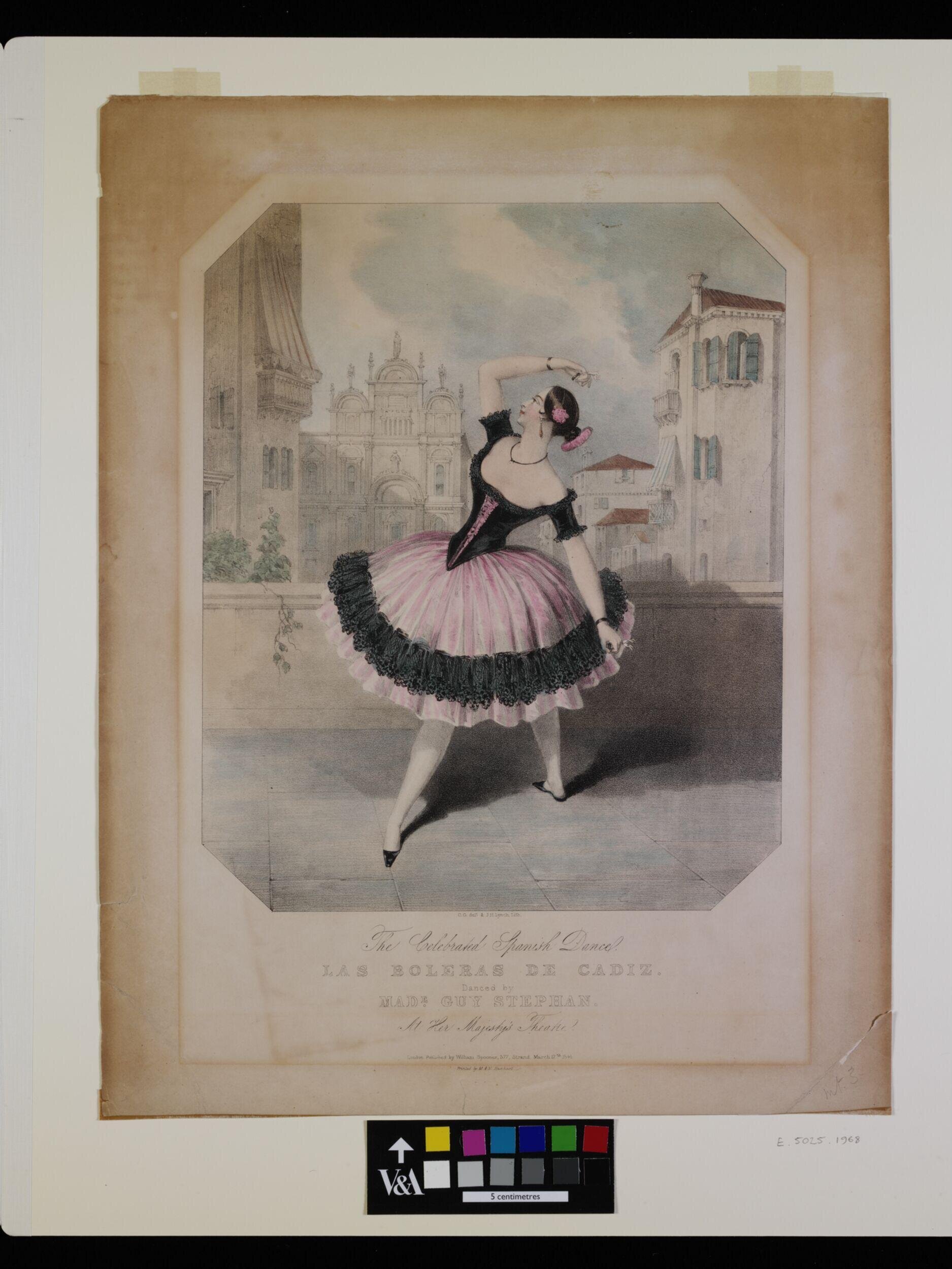 'The Celebrated Spanish Dance. / LAS BOLERAS DE CADIZ. / Danced by / MADE GUY STEPHAN. / At Her Majesty's Theatre.