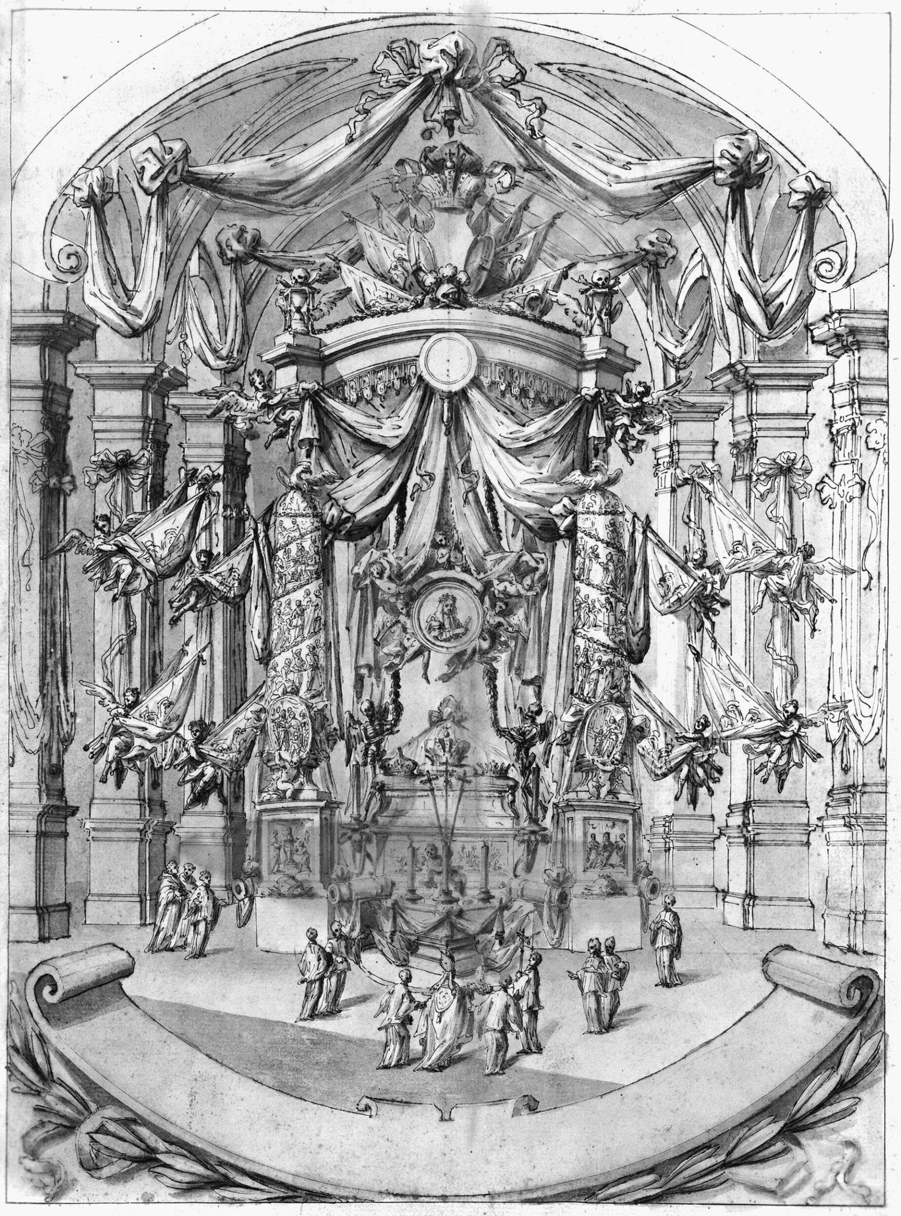 Design (perspective view with figures) of the catafalque  erected for the funeral service of the Emperor Leopold I  in the nave of S. Maria dell’Anima, Rome, Carlo Fontana, Late 17th century