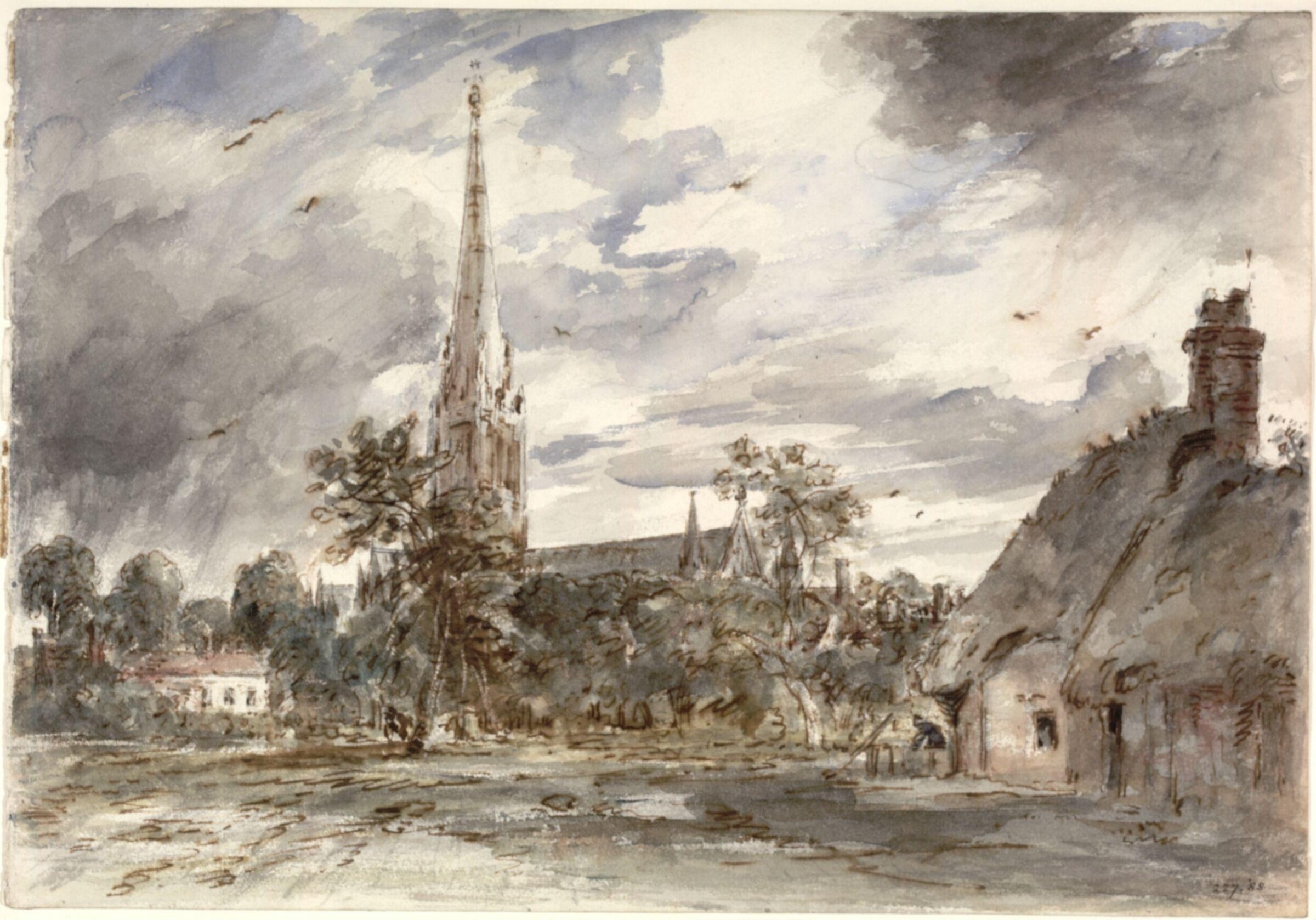 Salisbury Cathedral seen from the north-west, with cottages, John Constable, possibly 1829