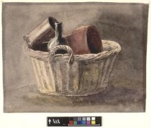 Still life with wicker basket, bottle and two brown vessels thumbnail 1