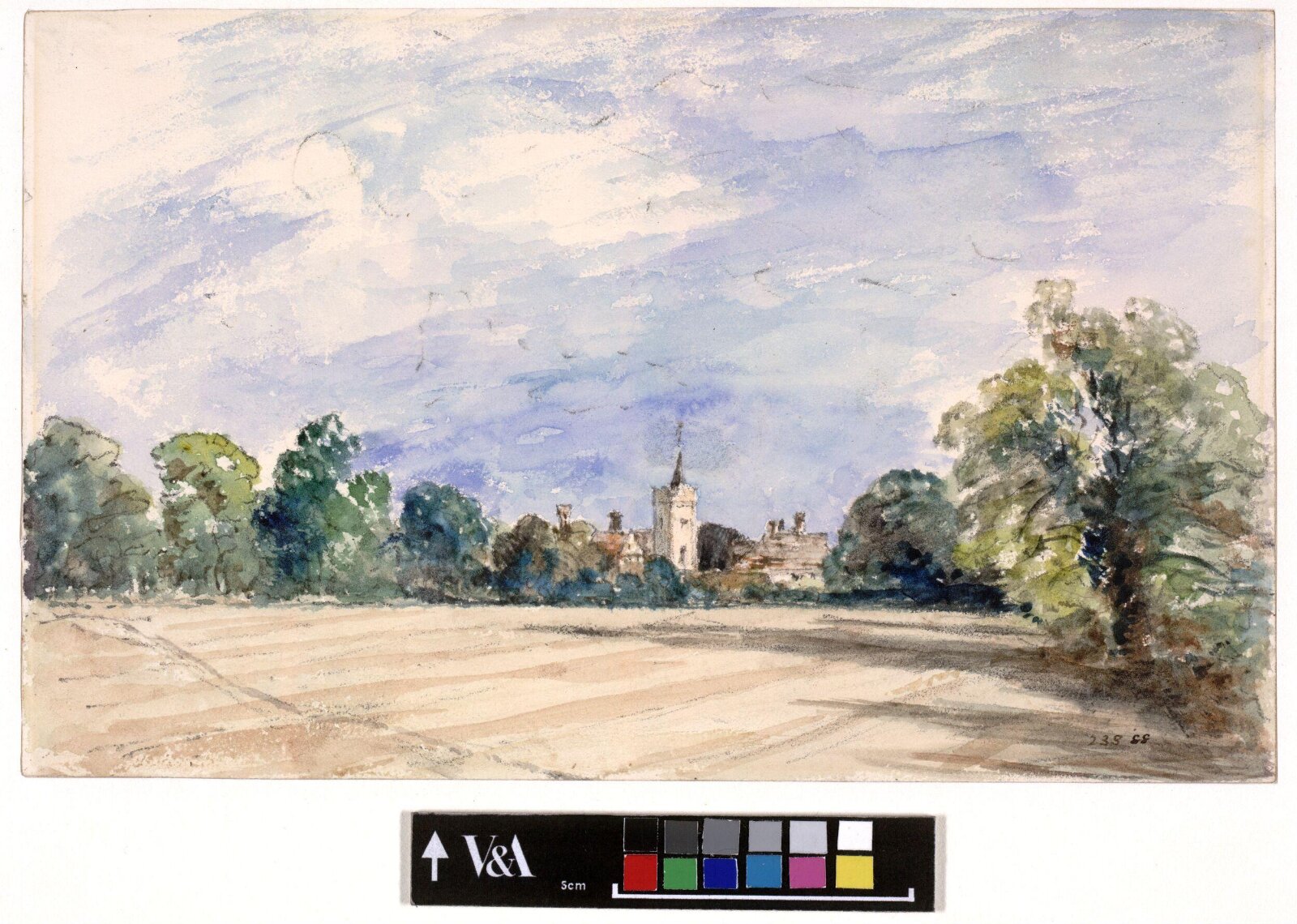 A village seen over a ploughed field, John Constable, 1834 or 1835