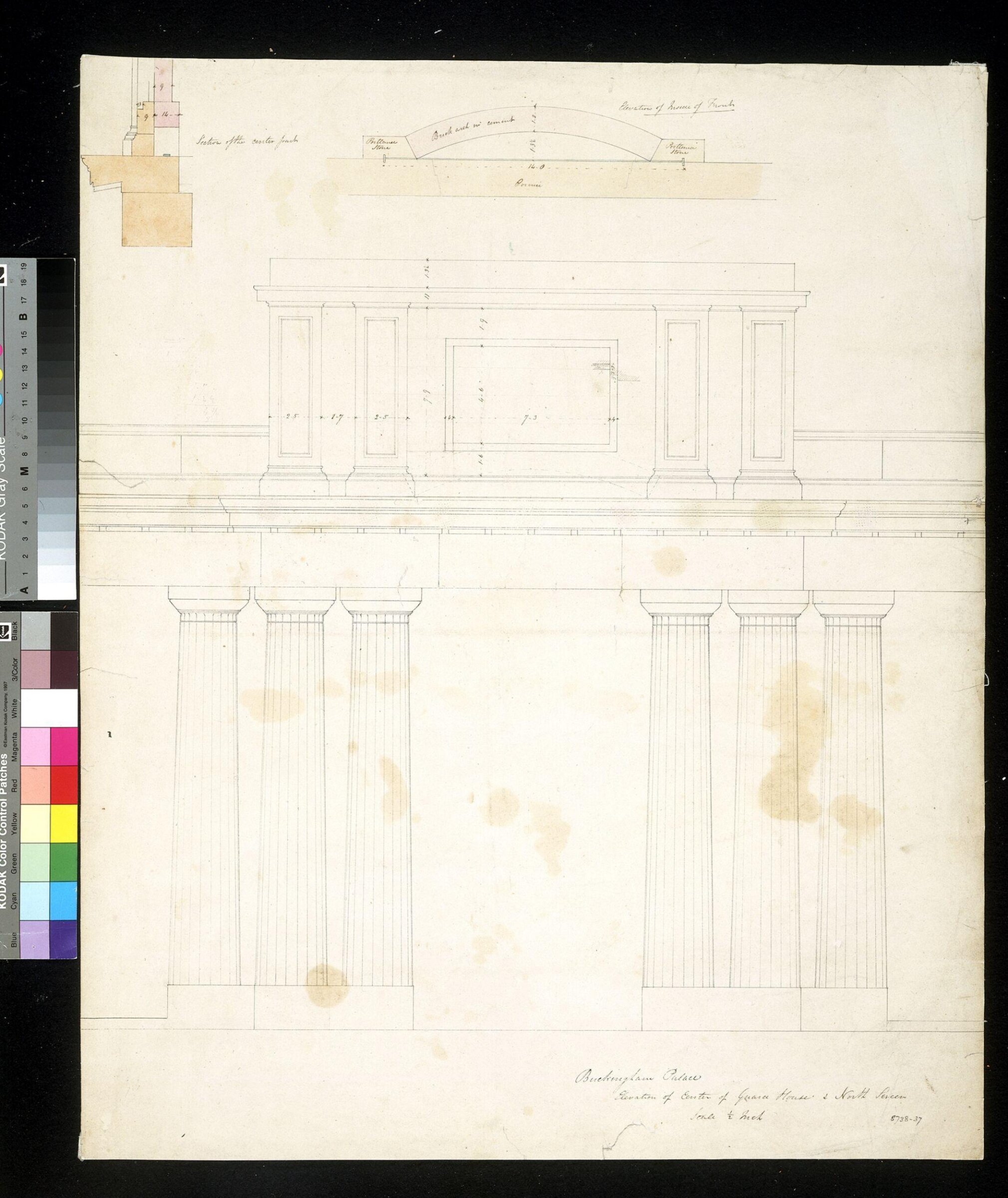 Elevation of Center of the Guard House and North Screen, Buckingham Palace, John Nash, 1825-1828