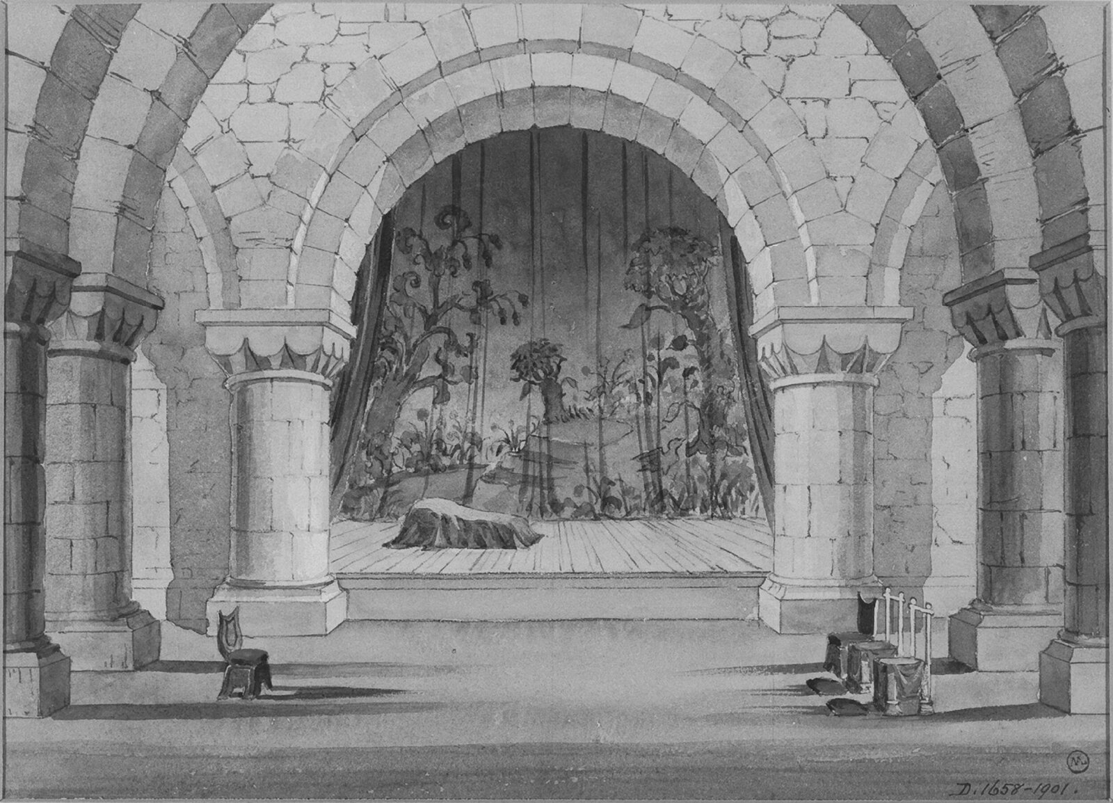 design for scenery in Hamlet, H. Cuthbert, 1852-1858