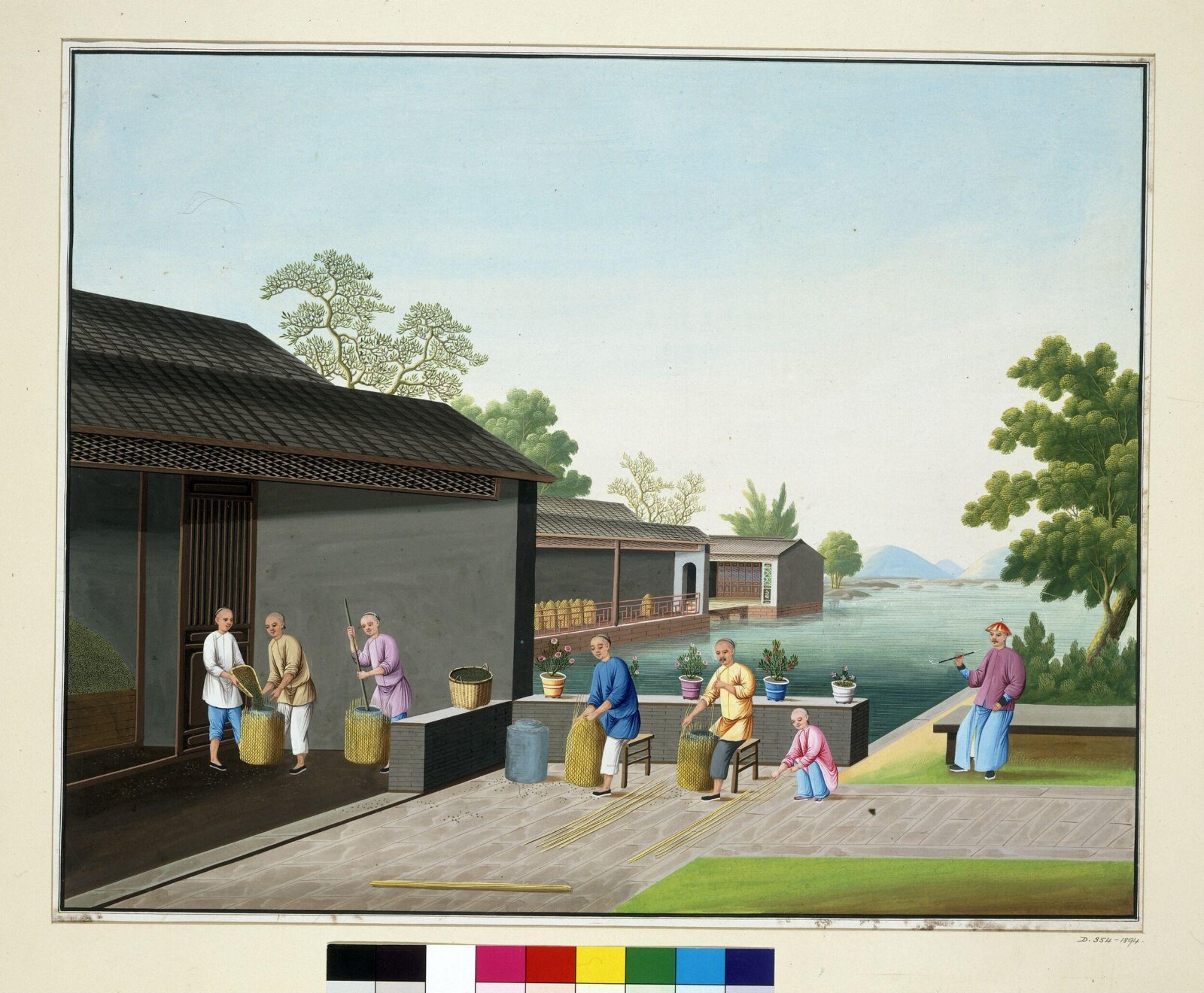 Packing Tea Into Pewter Tins With Straw Wrapping, ca. 1800