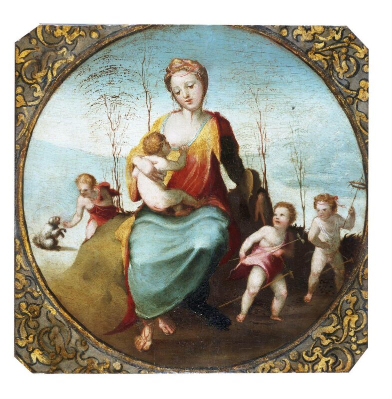 Charity suckling a Child and Surrounded by Three Children Playing with a Dog and Hobby Horses