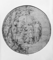 Design for a majolica dish: a scene from classical history or mythology, with a young soldier on his knees kissing the hands of an old man; the border decorated with putti thumbnail 1