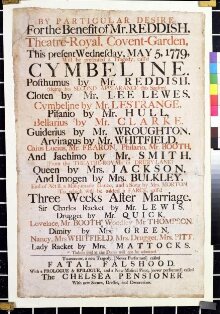 Great Bill advertising Cymbeline at the Theatre Royal Covent Garden 5th May 1779 thumbnail 1