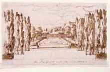 Drawing, Design for a stage set for Arsinoe, Queen of Cyprus at the Theatre Royal, London  for Act II, scene 1, a great hall looking into a garden thumbnail 1