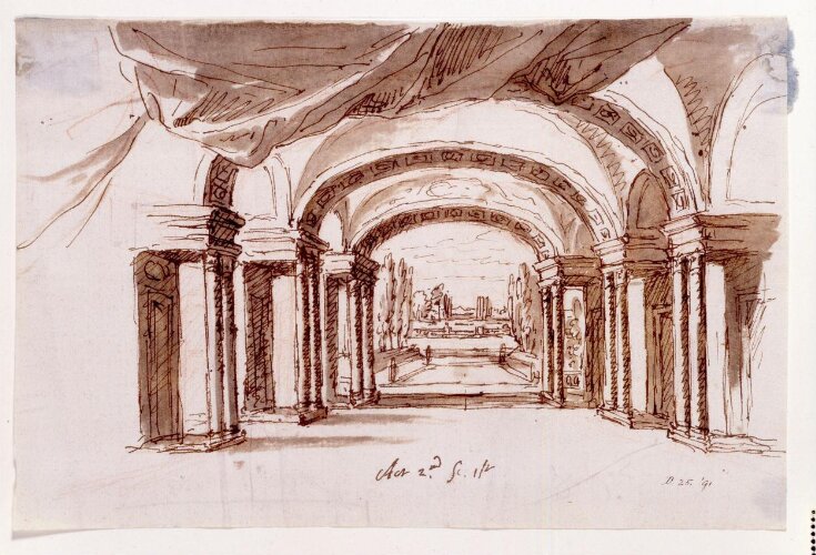 Drawing, Design for a stage set for Arsinoe, Queen of Cyprus at the Theatre Royal, London  for Act II, scene 1, a great hall looking into a garden top image