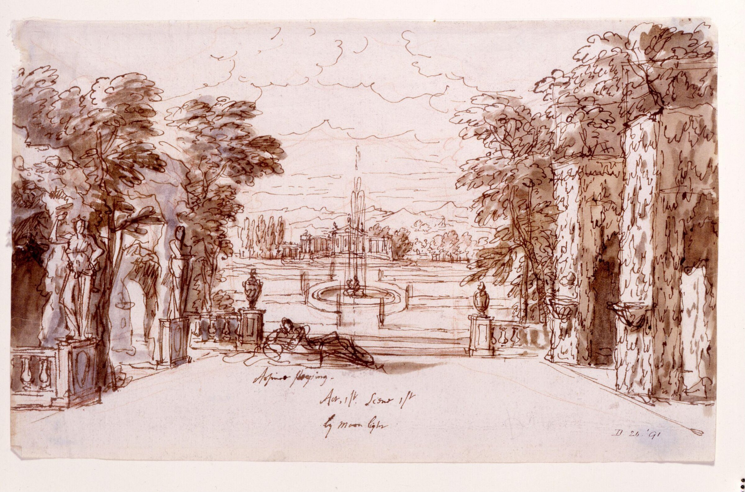 Design for a stage set for Arsinoe, Queen of Cyprus at the Theatre Royal, London for Act I, scene 1, Arsinoe sleeping in a garden at night, James Thornhill, 1705