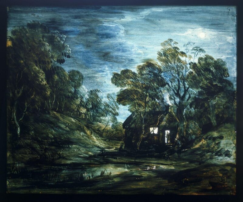 Wooded Moonlight Landscape with Pool and Figure at the Door of a Cottage