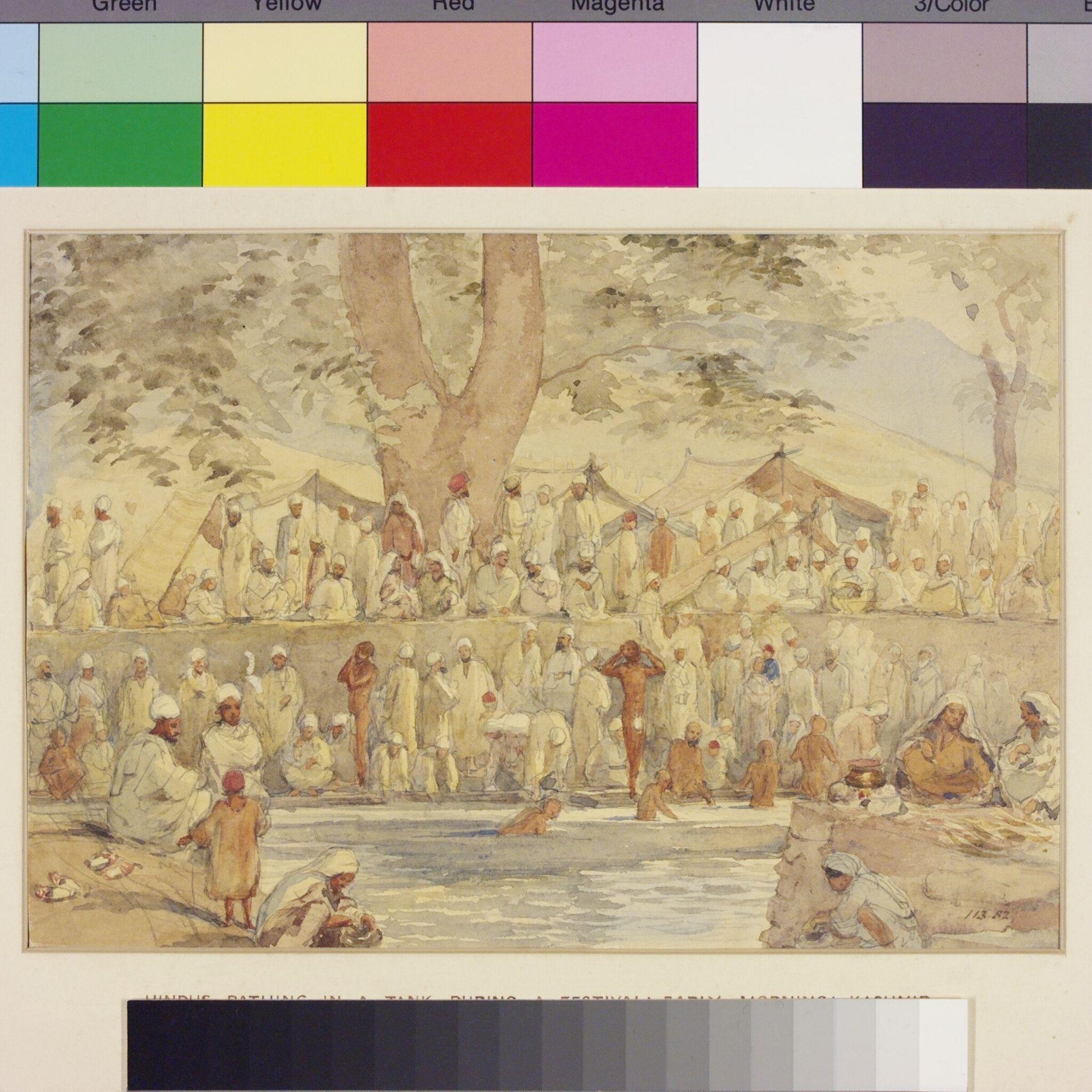 Hindus bathing in the early morning during a festival in Kashmir, William Carpenter, ca. 1855