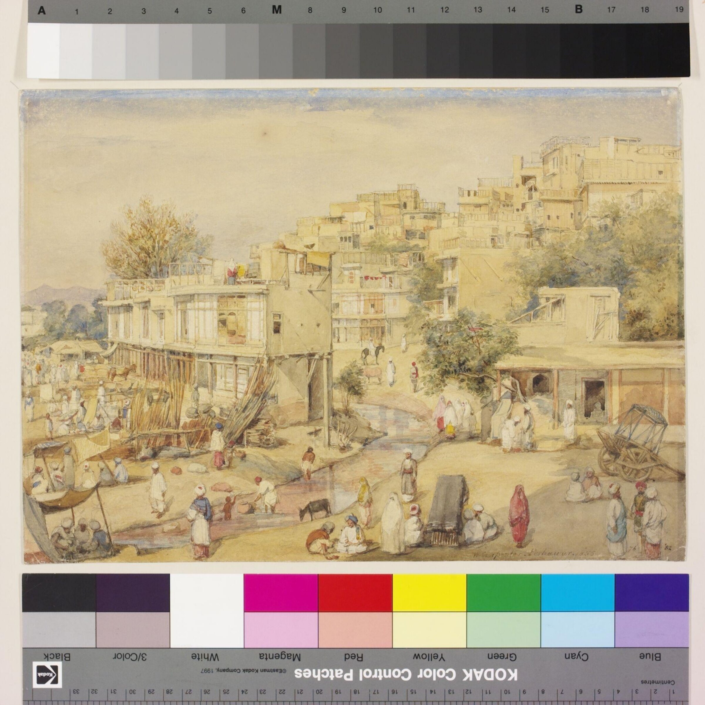 View of houses adjoining a stream, Peshawar, William Carpenter, 05/1855