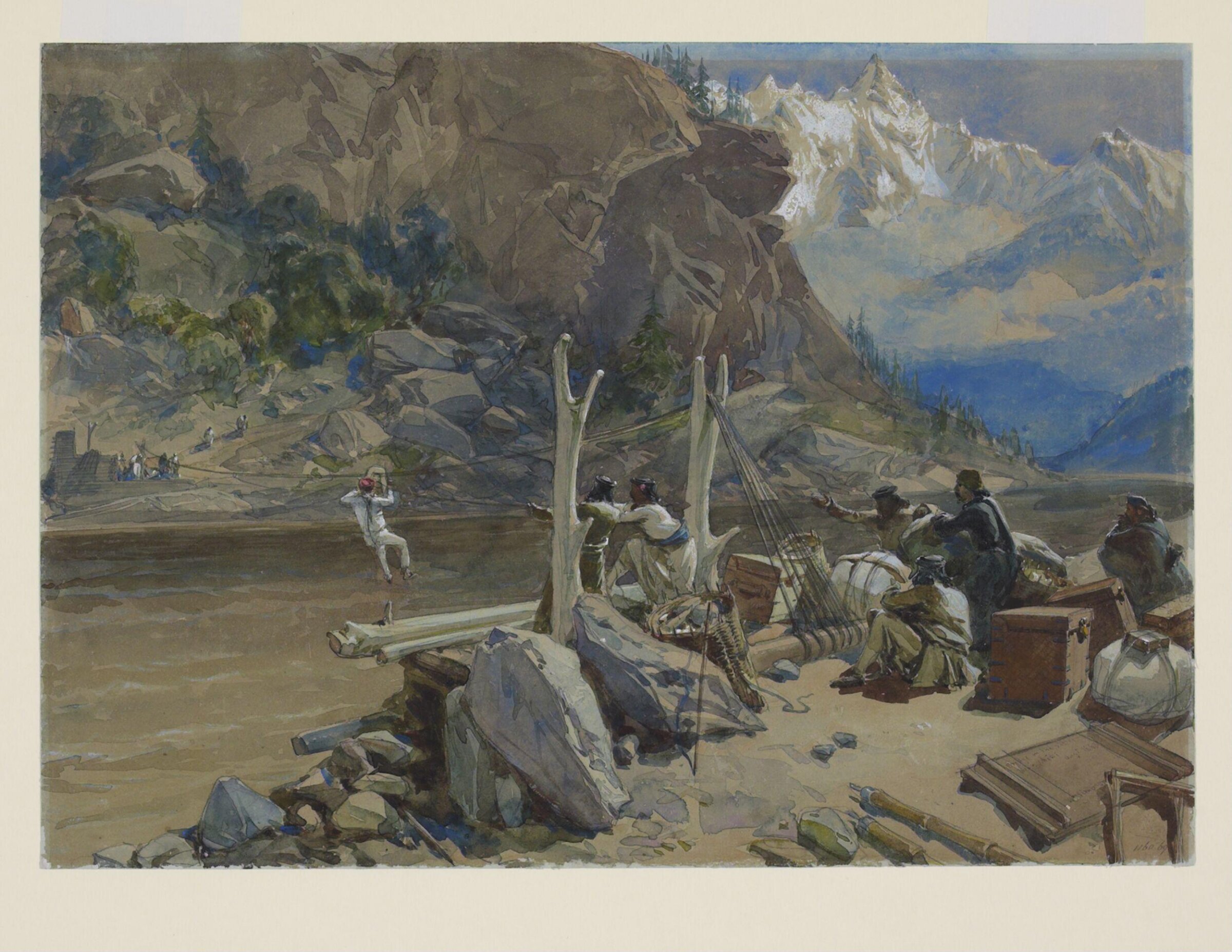 Bridge of ropes on the Sutlej, William Simpson, 1860