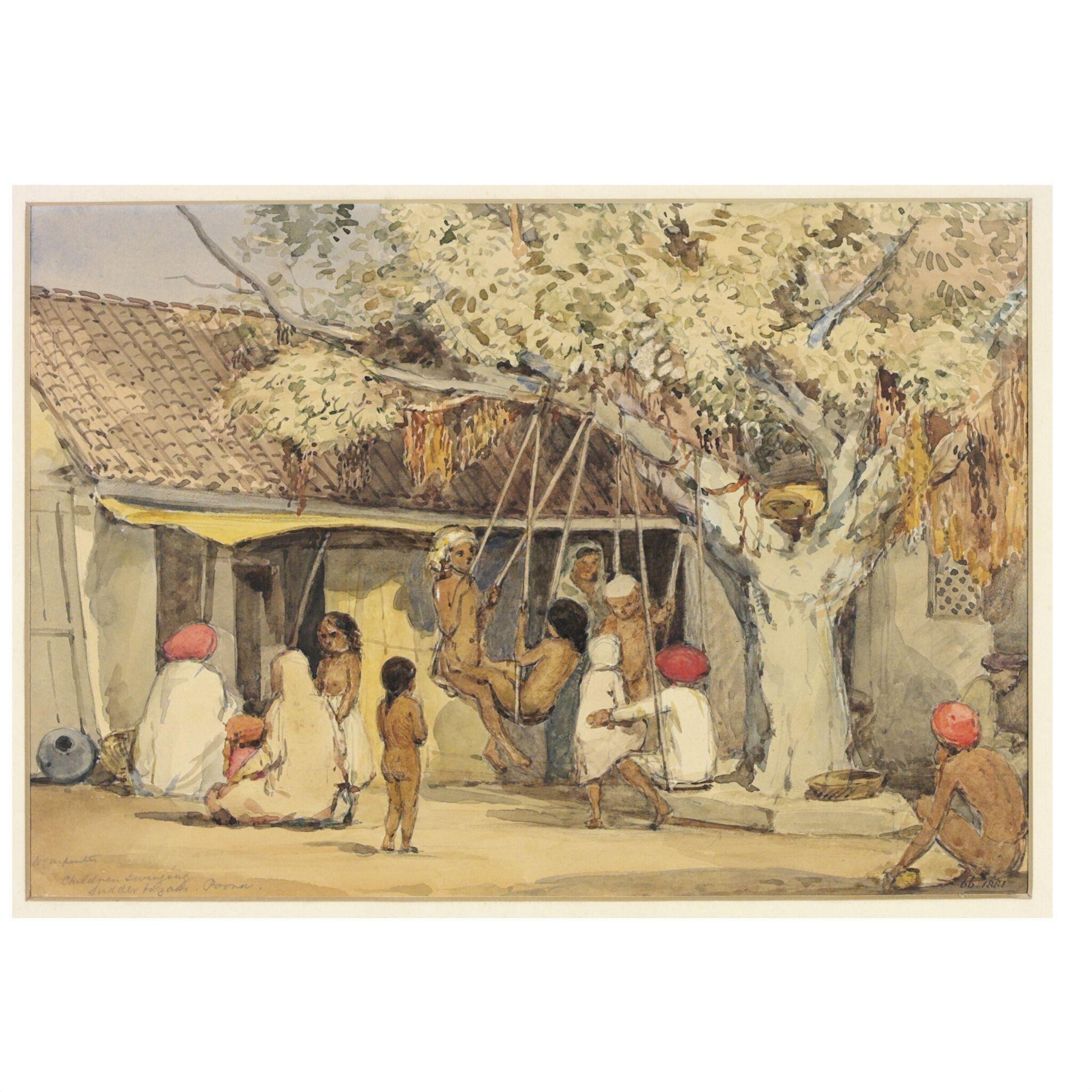 Children swinging Sudder bazaar. Poona, William Carpenter, probably 07/1850