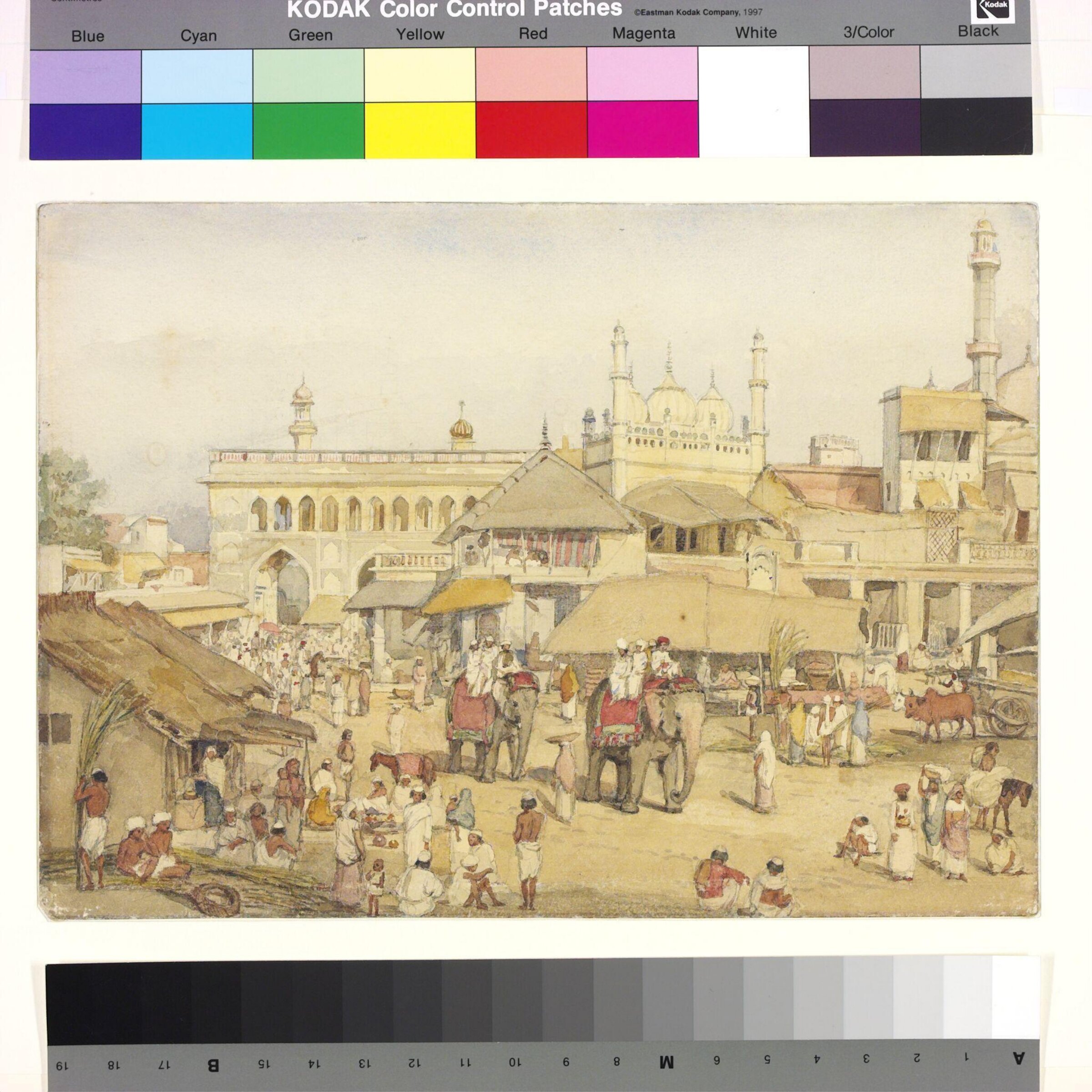 Street scene with gateway and a mosque, Lucknow, William Carpenter, probably 1856