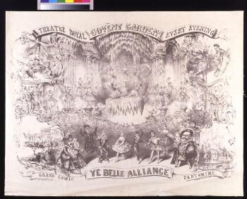 Poster advertising the Christmas pantomime<i> Ye Belle Alliance </i>at Covent Garden Theatre, 26th December 1855