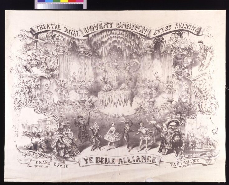 Poster advertising the Christmas pantomime Ye Belle Alliance at Covent Garden Theatre, 26th December 1855 top image