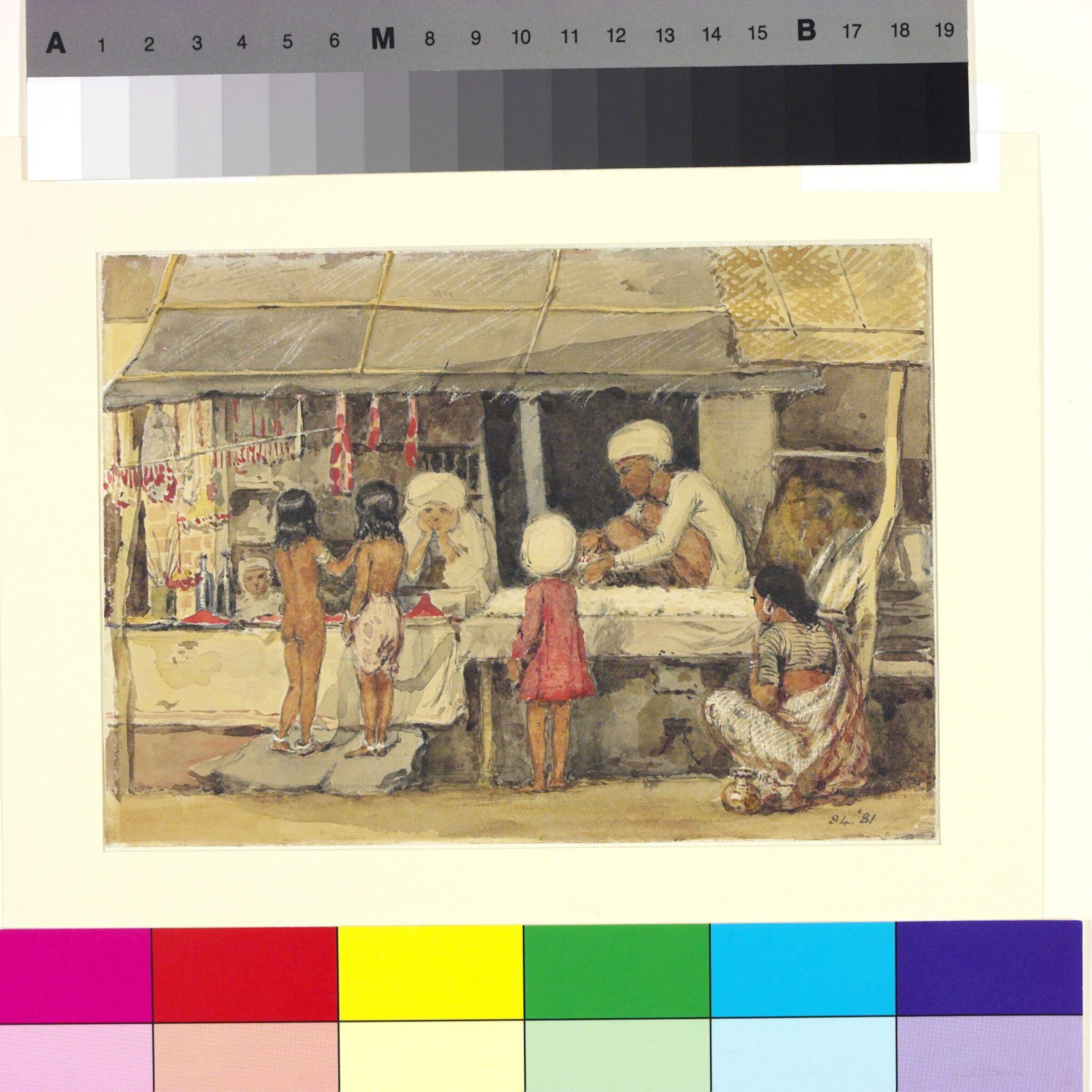 Shops for colours and flowers used at festivals, Sadr bazaar, Pune, William Carpenter, probably 07/1850