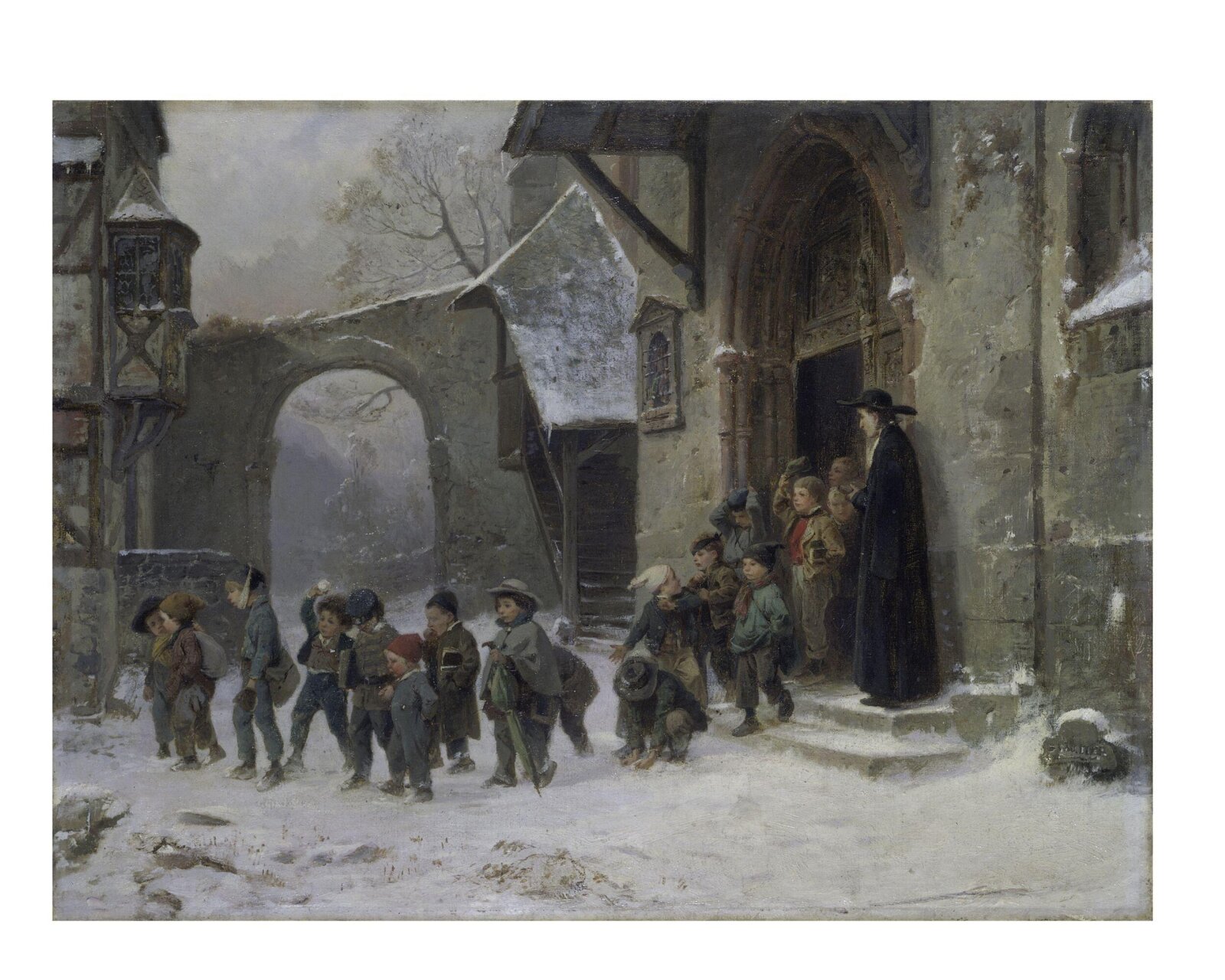 Snow scene: children leaving school, Benjamin Vautier, 1850s