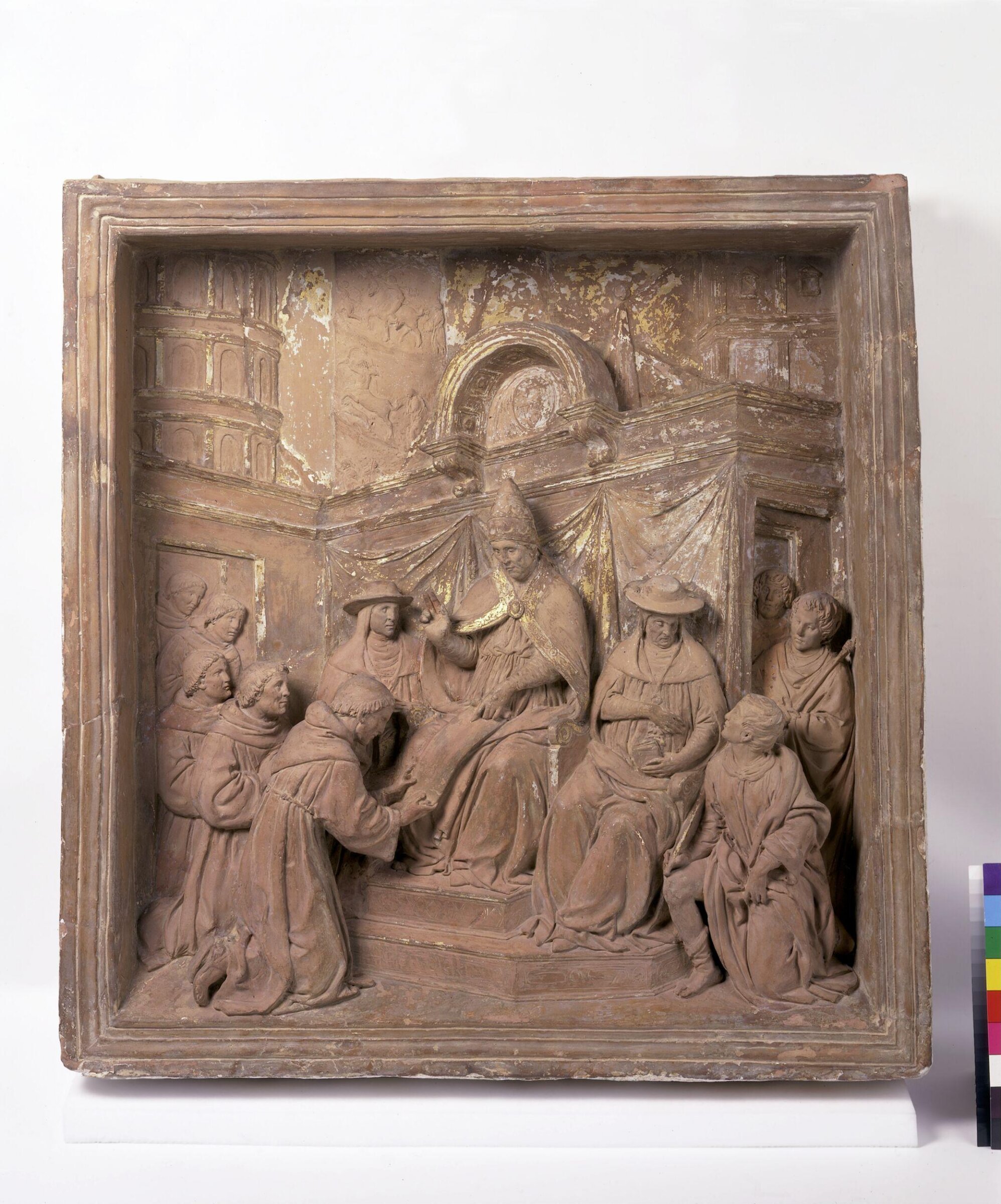 Pope Honorius III confirming the establishment of the Franciscan Order, Benedetto da Maiano, ca. 1480-1481