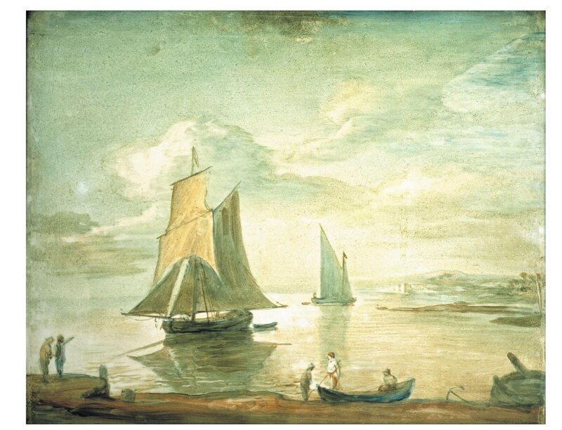 Coastal Scene with Sailing and Rowing Boats and Figures on Shore