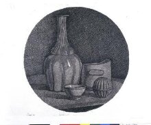 Large circular still life with a bottle and three objects thumbnail 1