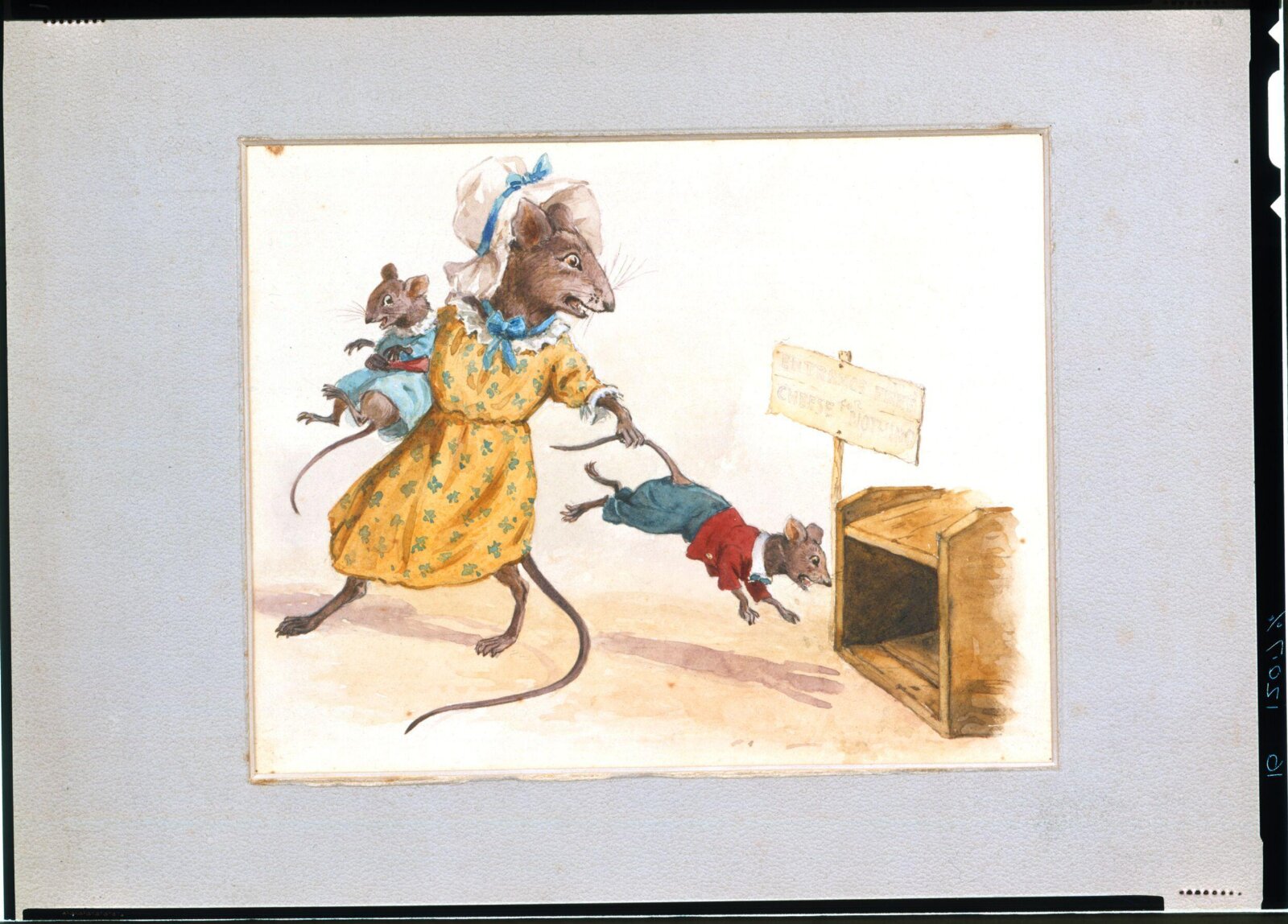 Mother mouse saving her children from a mouse-trap, ca. 1890
