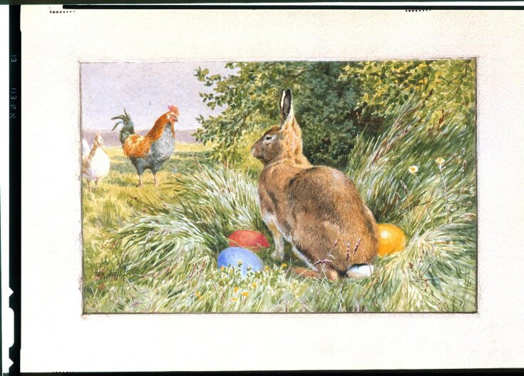 'Brown rabbit; red, blue & yellow eggs; two fowls' top image