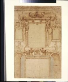 Design for the decoration of a wall, with three framed panels, each inscribed 'Storia', above two arched doorway thumbnail 1