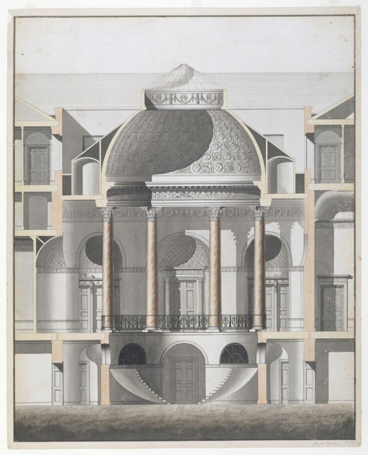 Wardour Castle, Wiltshire.  Section through the centre of the house from north to south showing the entrance hall, circular staircase, upper landing and coffered dome supported on Corinthian columns top image