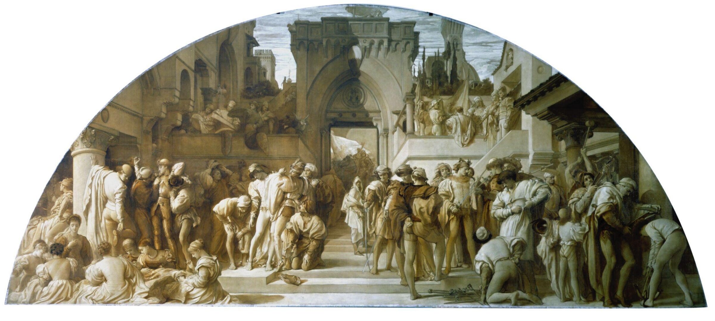 Half-size monochrome cartoon for the spirit fresco 'The Arts of Industry as Applied to War', Frederic Lord Leighton, 1870-1872