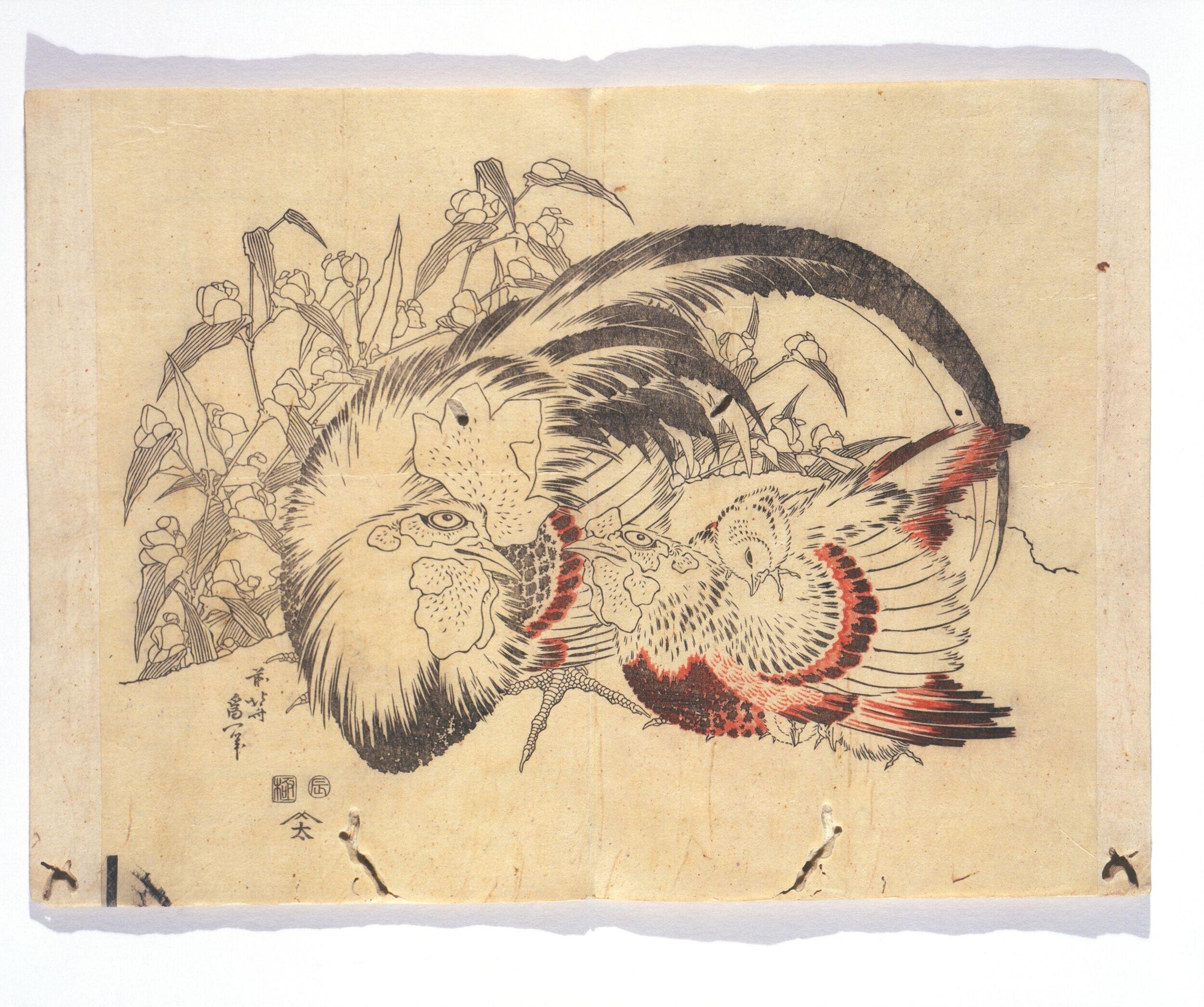 Chickens and Asiatic Dayflowers by Katsushika Hokusai — Japanese Print, 1832