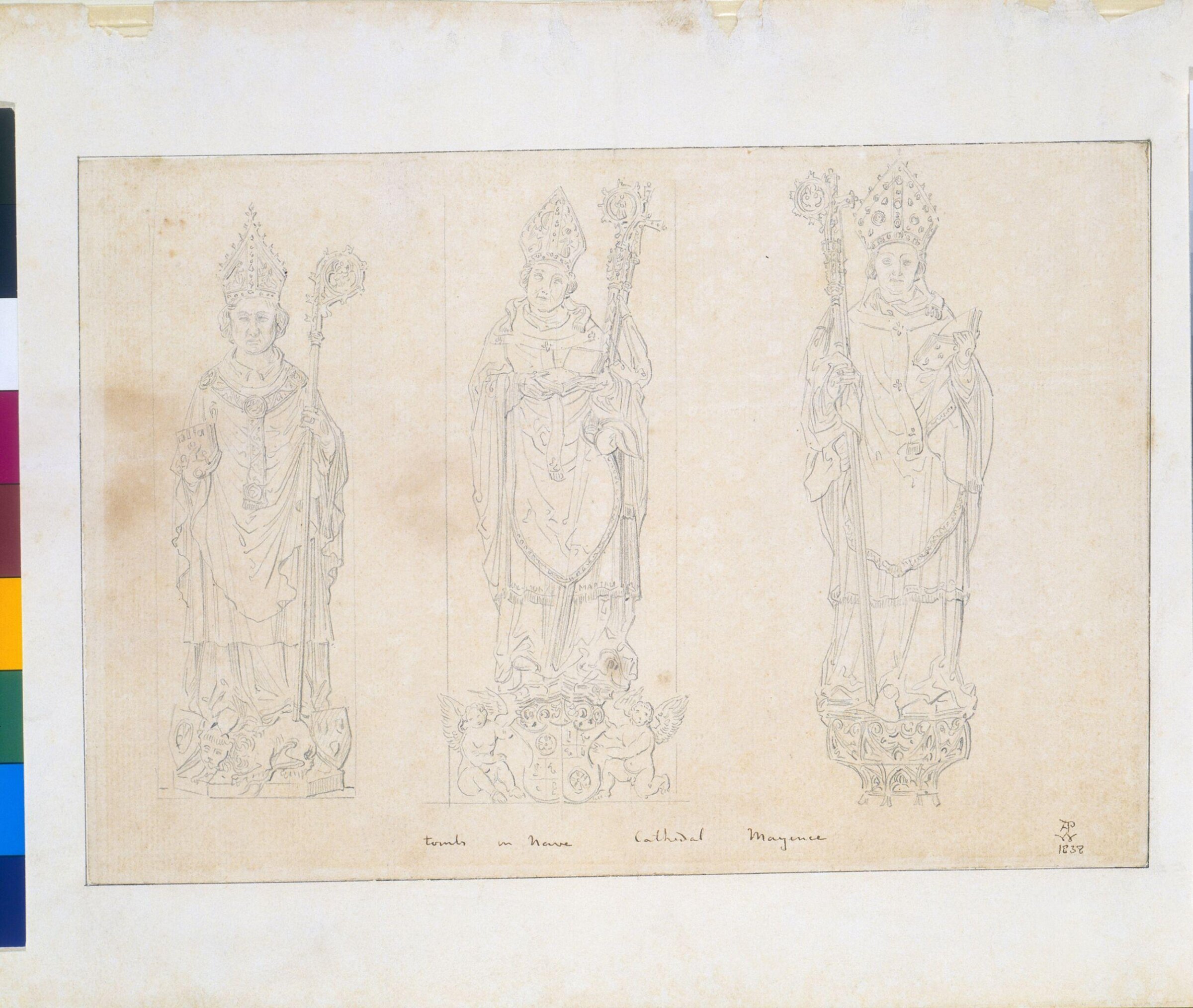 Drawing of tombs of three bishops, A.W.N. Pugin, 1838