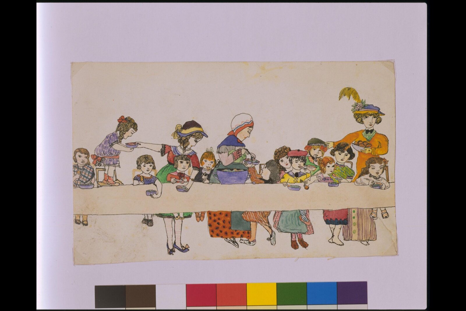 Group eating at a long table, Margarete Hamerschlag, 1908-1914