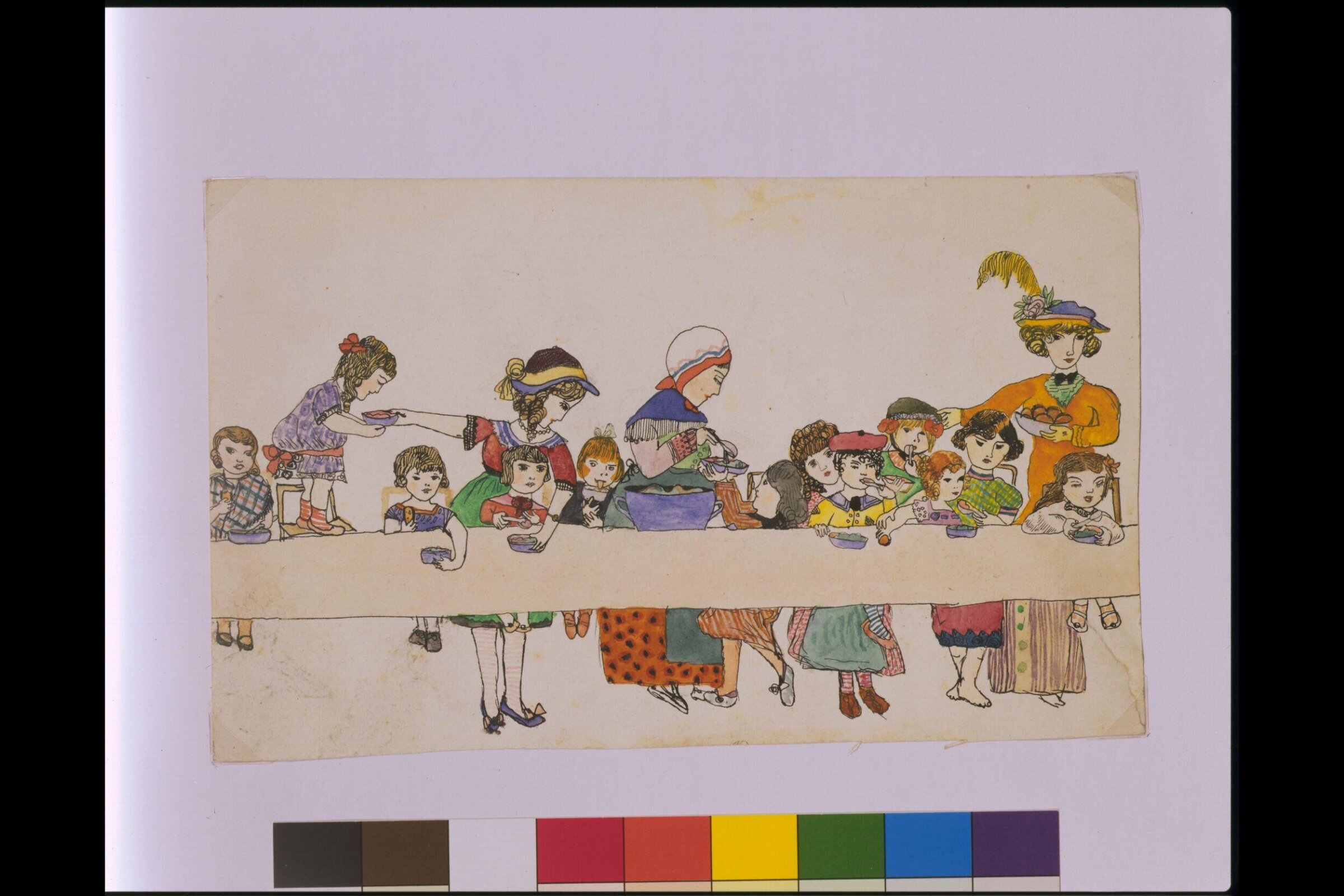 Group eating at a long table, Margarete Hamerschlag, 1908-1914