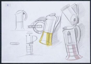 7 sketch designs for the Biesse Coffee Pot, showing also a diagram of assembly