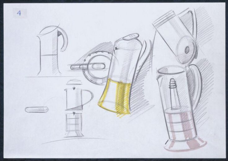 7 sketch designs for the Biesse Coffee Pot, showing also a diagram of assembly top image