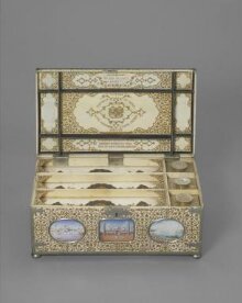 An ivory writing-casket inlaid with gold and thirty-nine ivory miniatures. thumbnail 1