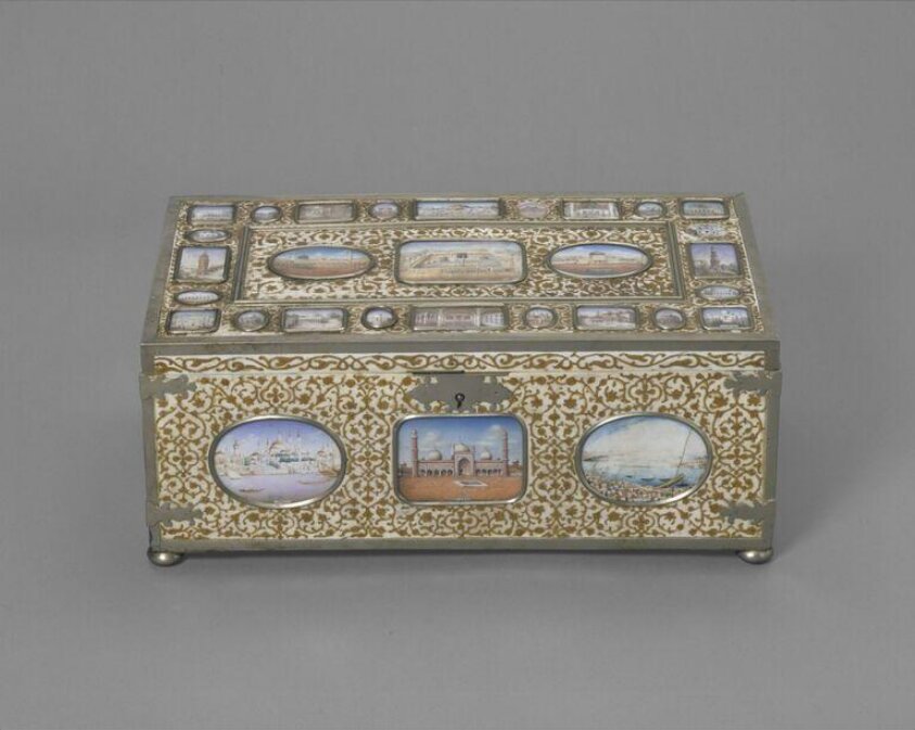 An ivory writing-casket inlaid with gold and thirty-nine ivory miniatures.
