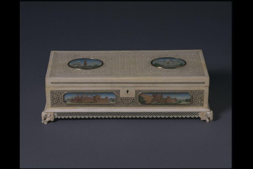 An oblong ivory casket.