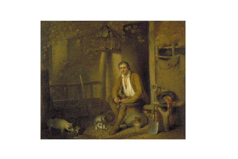 A Cottage Exterior: A Seated Labourer Filling His Pipe