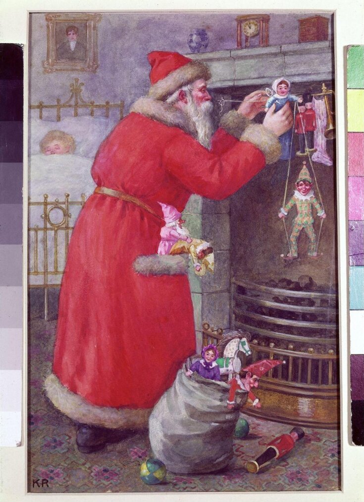 Father Christmas hanging toys over a fireplace top image