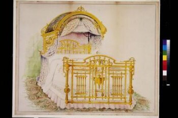 Design for an elaborate brass bed with a draped canopy