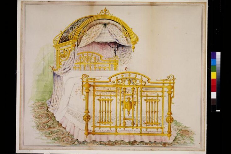 Design for an elaborate brass bed with a draped canopy image